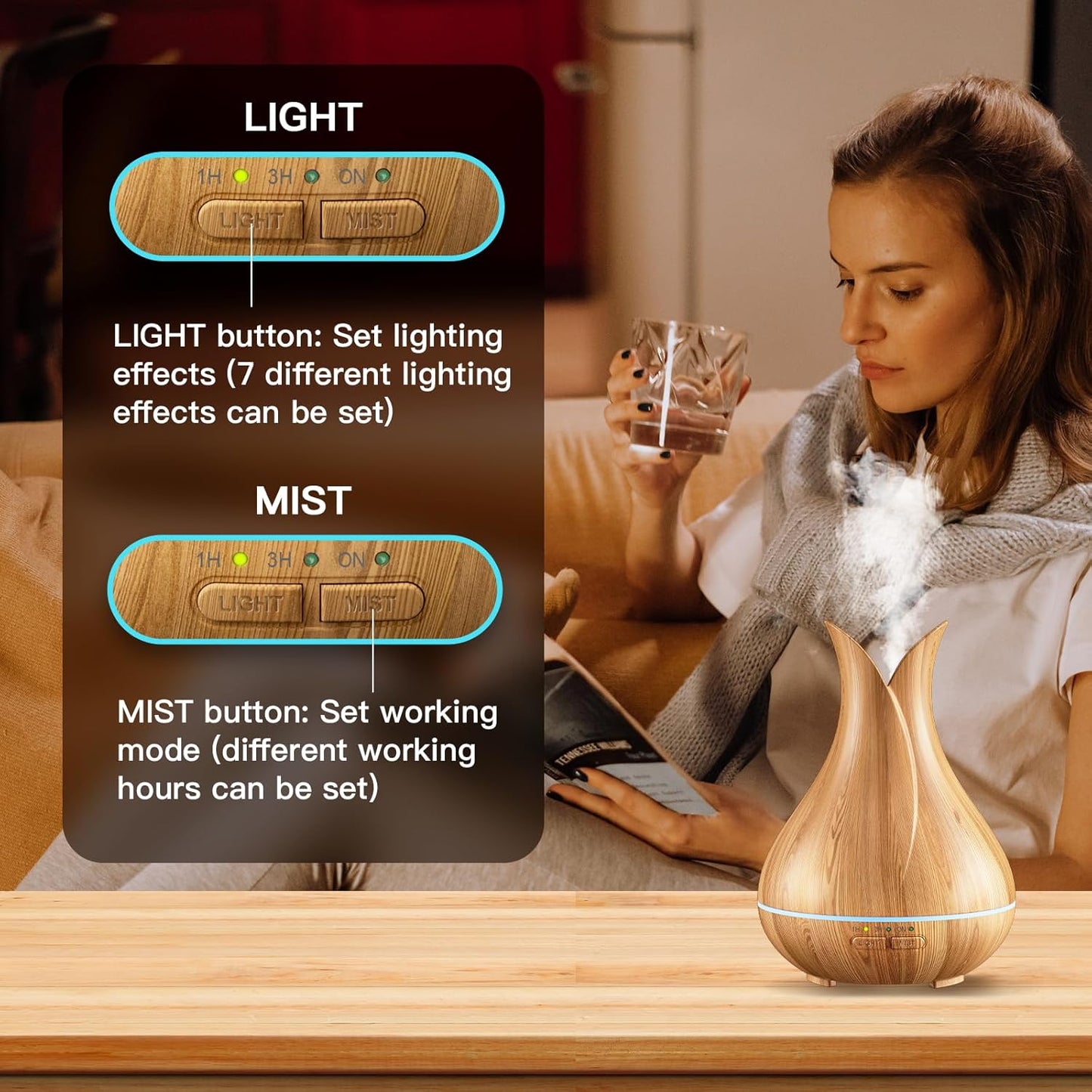 Zenara Mini Aroma Diffuser 150ml – Elegancia Natural con Luces Ambientales (Wood Style)