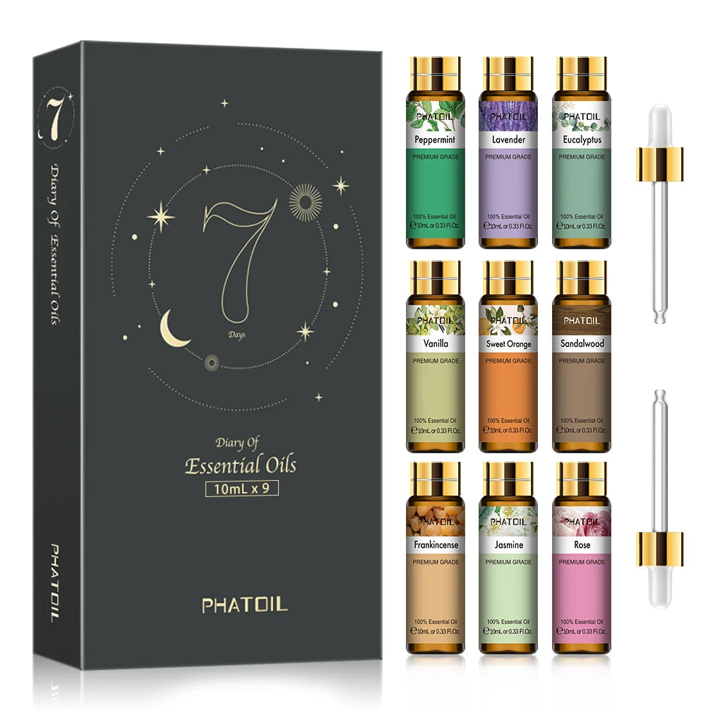 Set of 9 Essential Oils 10ml - Pure and Natural, Ideal for Diffusers, Candles, DIY Soaps and Skincare