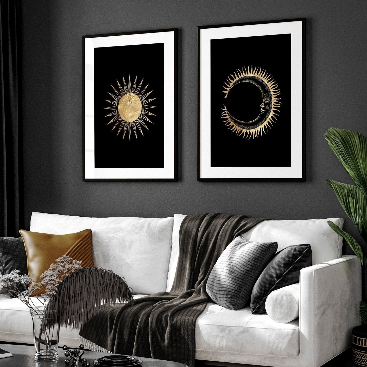 Set de 2 Cuadros Decorativos Sol y Luna – Arte de Pared Místico y Equilibrado