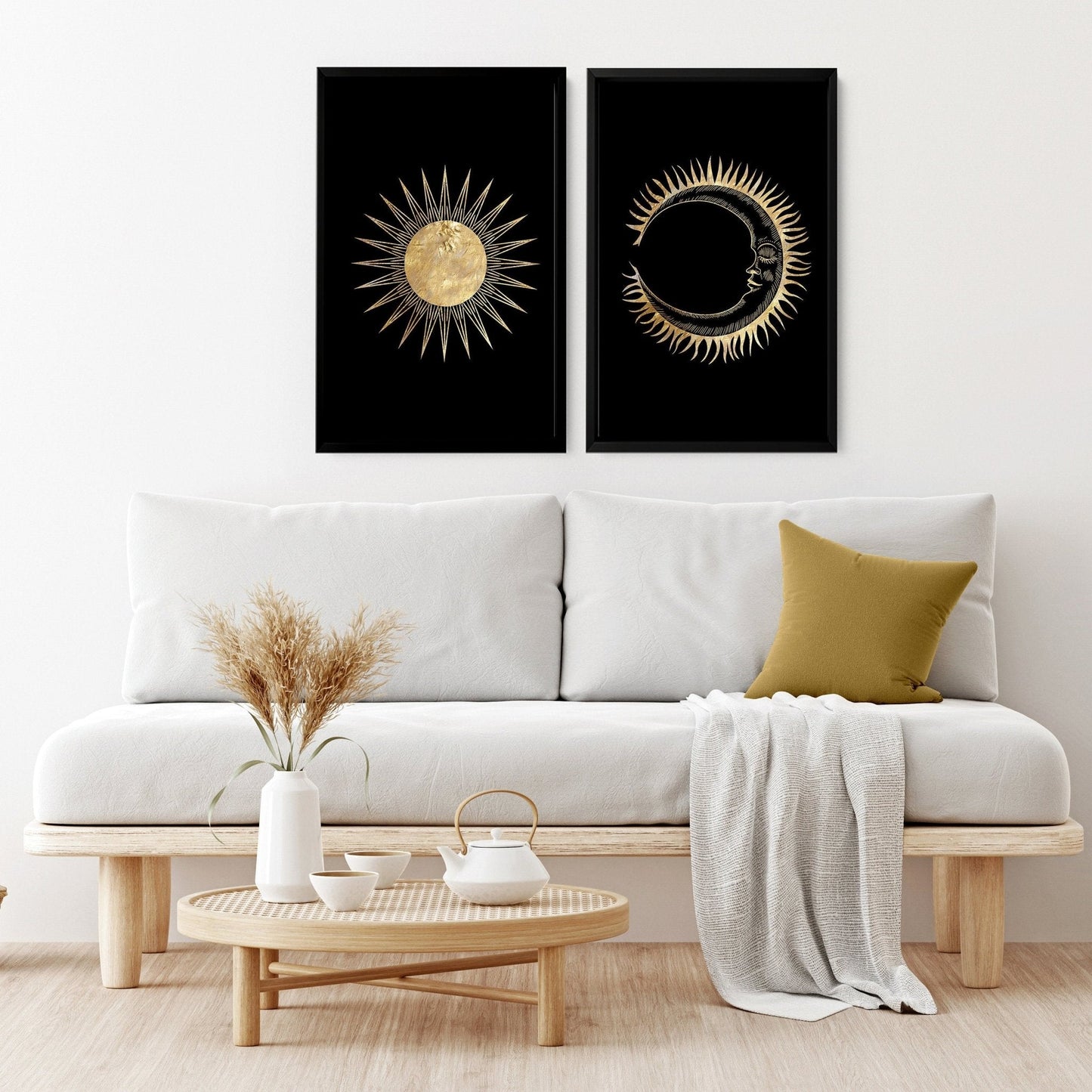 Set de 2 Cuadros Decorativos Sol y Luna – Arte de Pared Místico y Equilibrado