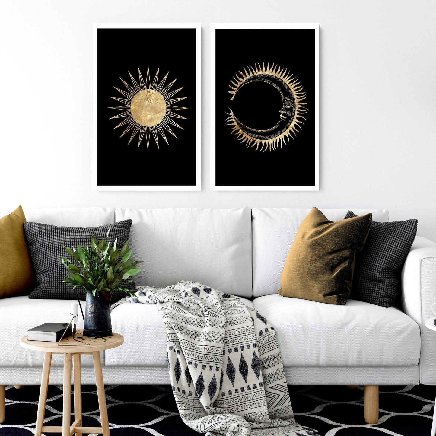 Set de 2 Cuadros Decorativos Sol y Luna – Arte de Pared Místico y Equilibrado