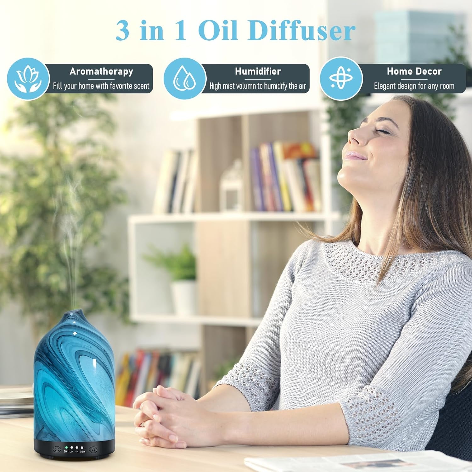  Zenara Glass Aroma Diffuser 120ml – Elegancia en Vidrio con Luz Nocturna (Grey Wave)