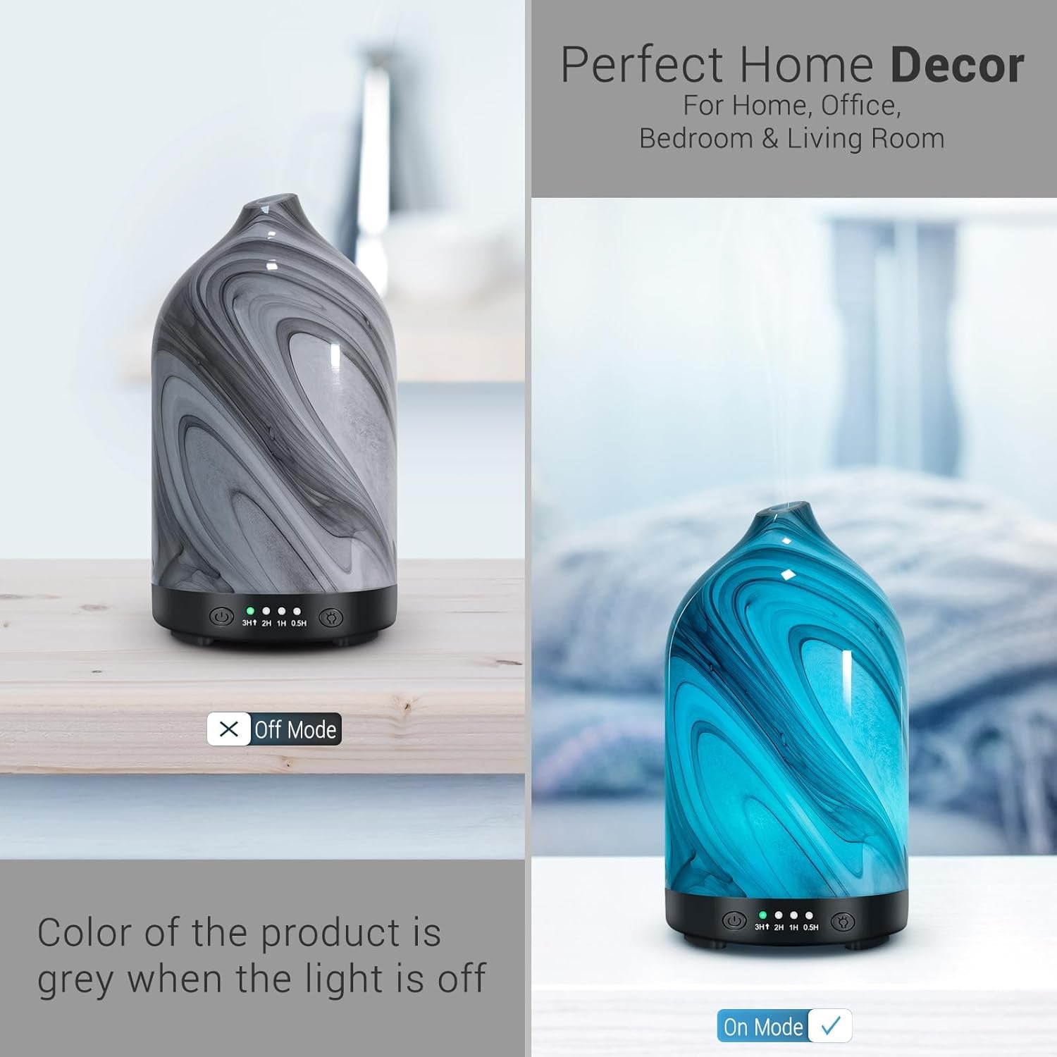  Zenara Glass Aroma Diffuser 120ml – Elegancia en Vidrio con Luz Nocturna (Grey Wave)