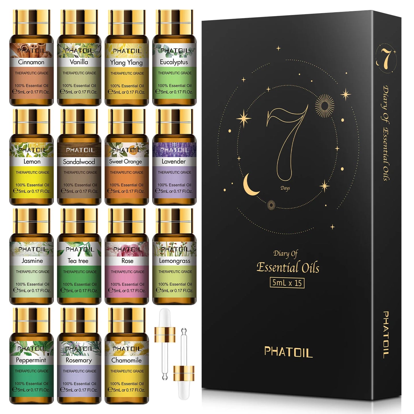Set of 15 Pure Essential Oils - Natural Aromatherapy with Eucalyptus, Vanilla, Peppermint, Lavender, Rose and Tea Tree