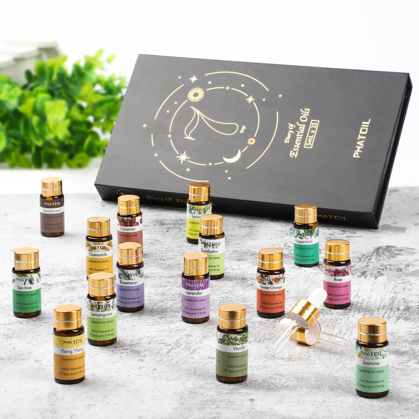 Set of 15 Pure Essential Oils - Natural Aromatherapy with Eucalyptus, Vanilla, Peppermint, Lavender, Rose and Tea Tree