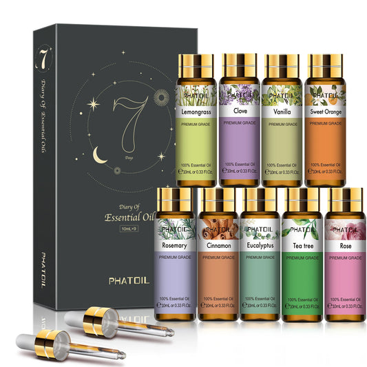 Set de 9 Aceites Esenciales 10ml - Puro y Natural, Ideal para Difusores, Velas, Jabones DIY y Cuidado de la Piel