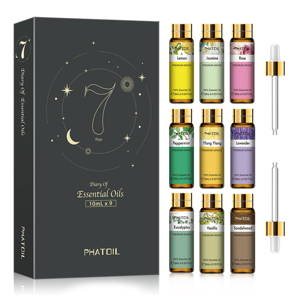Set of 9 Essential Oils 10ml - Pure and Natural, Ideal for Diffusers, Candles, DIY Soaps and Skincare