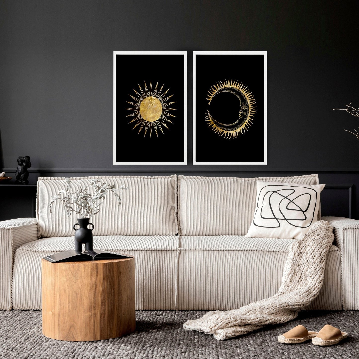 Set de 2 Cuadros Decorativos Sol y Luna – Arte de Pared Místico y Equilibrado