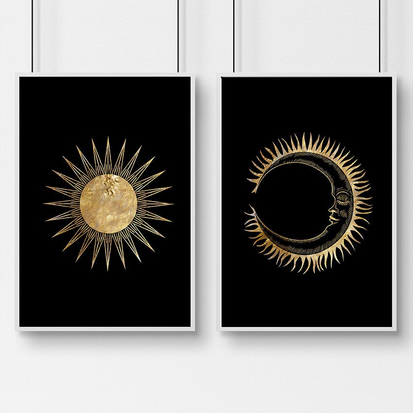 Set de 2 Cuadros Decorativos Sol y Luna – Arte de Pared Místico y Equilibrado